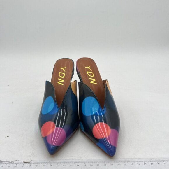 YDN Colorful Dots Cone Heel Pointed Toe Slide Mules Slip on V Cut Sandals - Picture 3 of 8